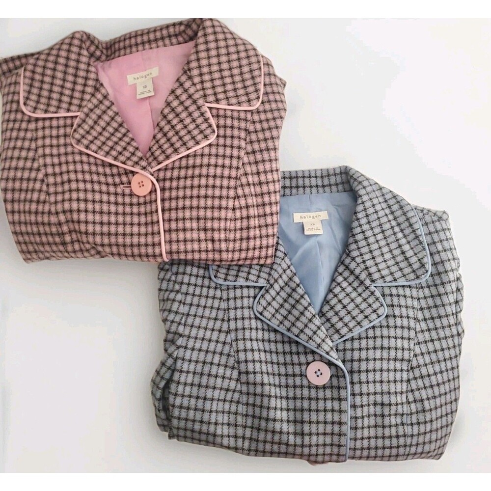 Vintage Set of Two Cute Halogen Womens Jackets Wool Plaid Blue Pink Size XS Warm